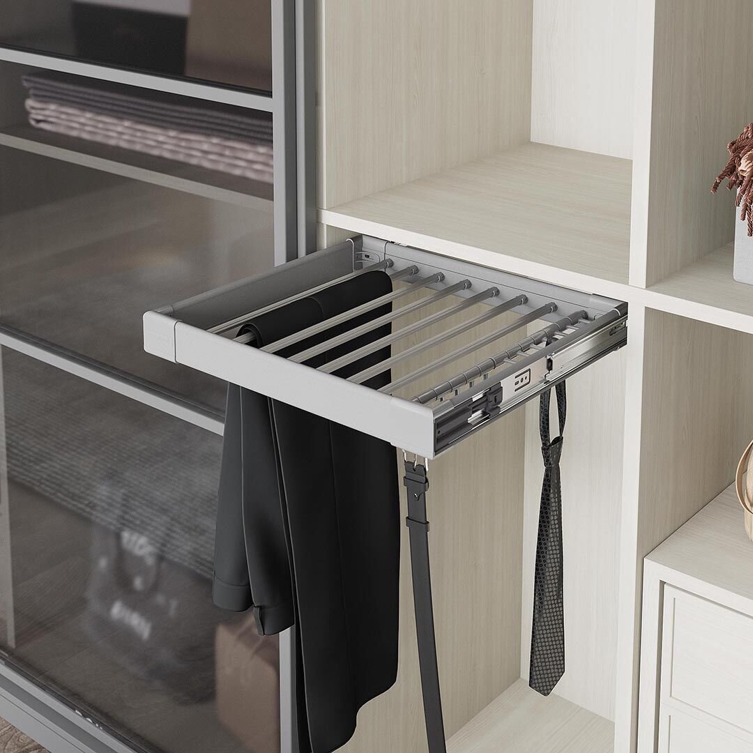 Starax Kemer ve Kravat Askılı Pantolonluk | Teleskopik Raylı Alüminyum | 60–90 cm Kapak Uyumlu