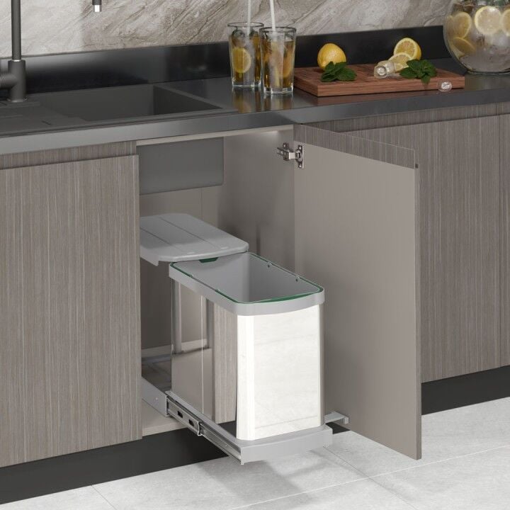 Teleskopik Raylı Paslanmaz Gövde Çöp Kovası 24 Lt. Gri