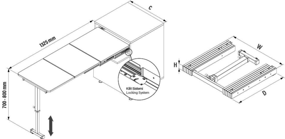 Ayaklı Katlanır Masa Mekanizması 900 mm