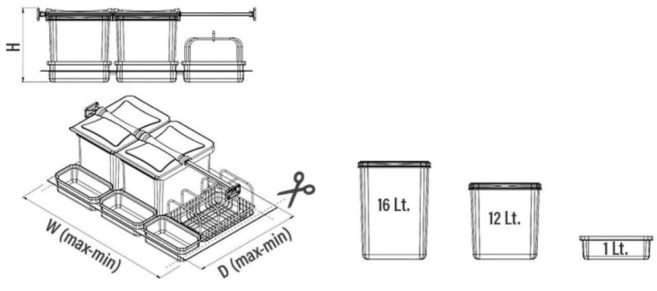Çekmece İçi Çöp Kovası Taşınabilir Sepetli (Otomatik) 12+12+1+1+1  Lt