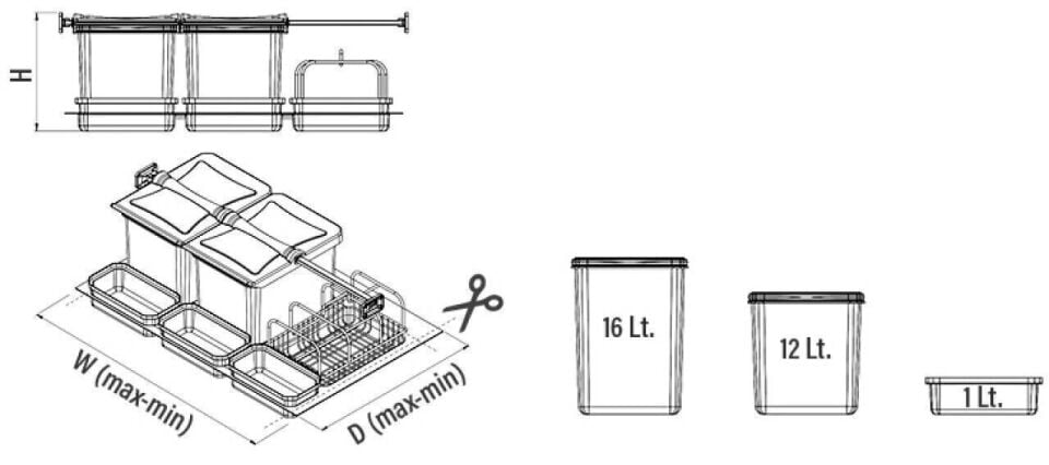 Çekmece İçi Çöp Kovası Taşınabilir Sepetli (Otomatik) 16+16+1+1+1  Lt