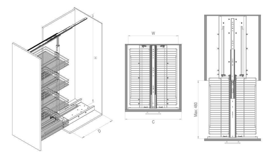 Gizli Raylı Frenli Kiler Tel 1550-1700 mm | 450 mm Kapak Uyumlu