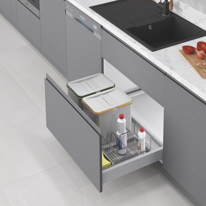 Çekmece İçi Çöp Kovası Taşınabilir Sepetli (Manuel) 12+12+1+1+1 Lt Gri