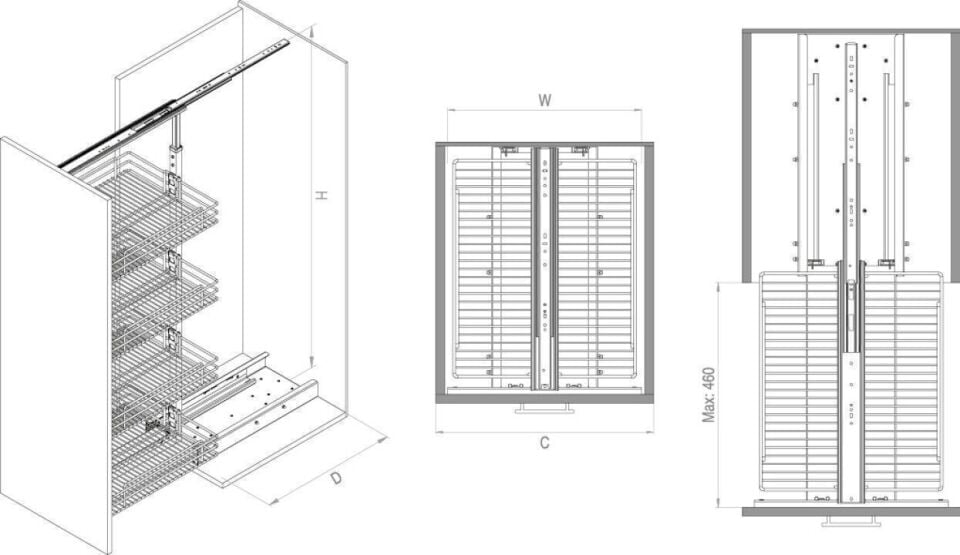 Gizli Raylı Frenli Kiler Tel 1850-2000 mm | 500 mm Kapak Uyumlu Antrasit