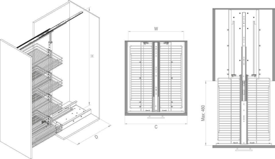Gizli Raylı Frenli Kiler Tel 1850-2000 mm | 500 mm Kapak Uyumlu Crom