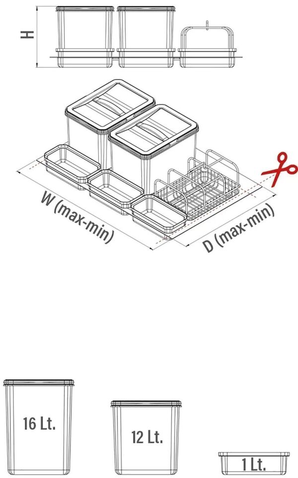 Çekmece İçi Çöp Kovası Taşınabilir Sepetli (Manuel) 16+16+1+1+1 Lt