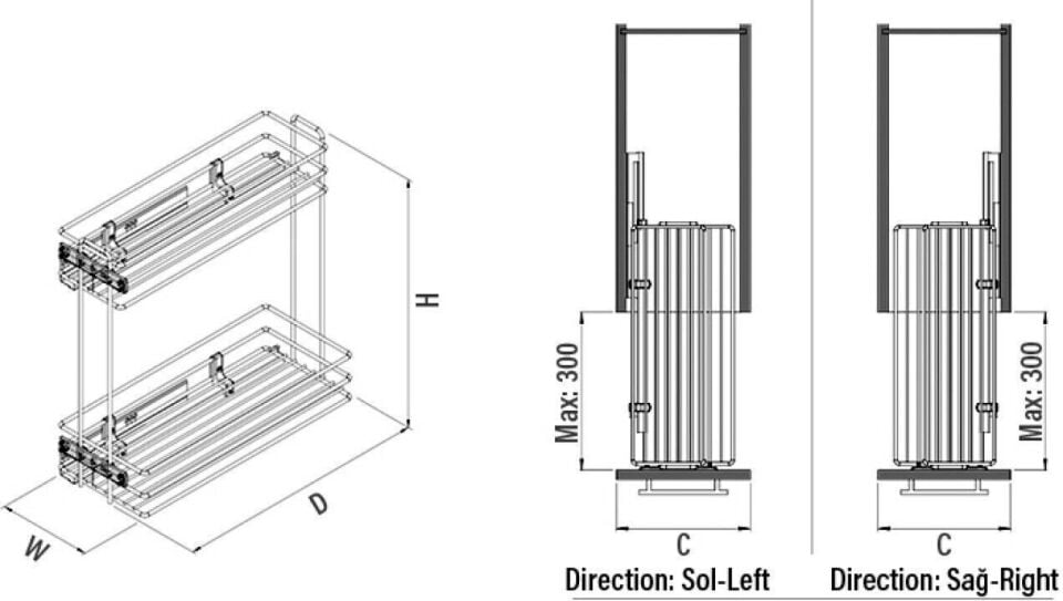 Gizli Raylı Deterjanlık (Tek Açılım) Tel  203 mm Sol