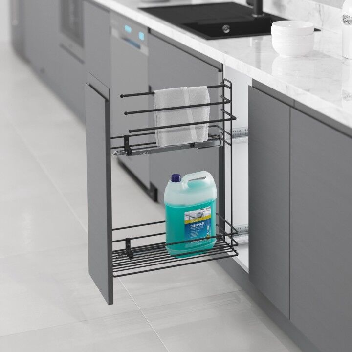 Gizli Raylı Havlu Askılı Deterjanlık (Çift Açılım) Ahşap 203 mm Sol Antrasit