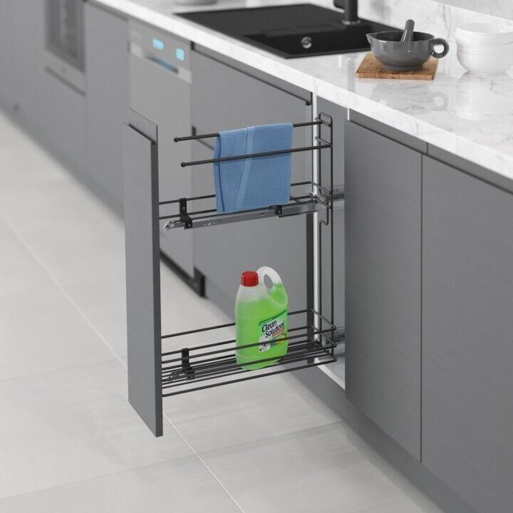 Gizli Raylı Havlu Askılı Deterjanlık (Çift Açılım) Ahşap 151 mm Sağ Antrasit