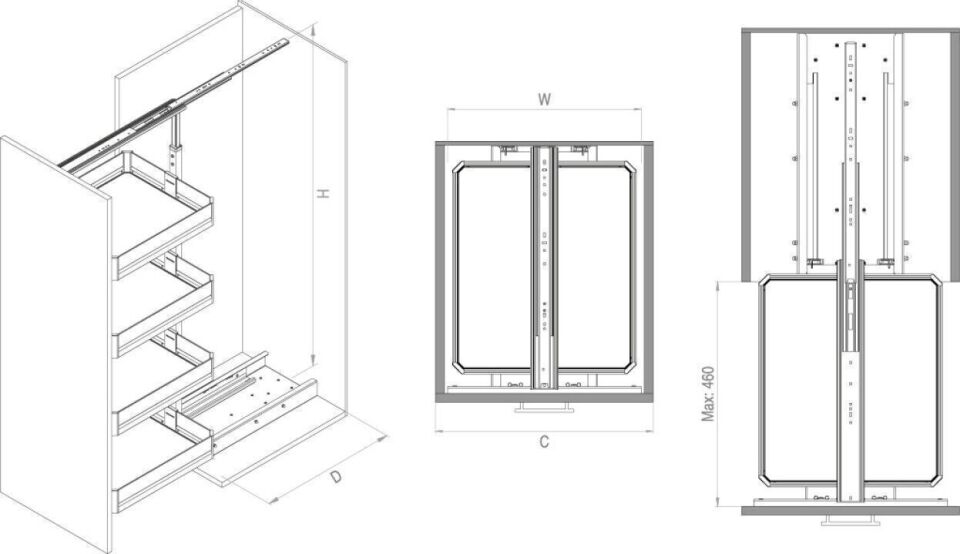 Premium Gizli Raylı Frenli Kiler 1400-1550 mm | 350 mm Kapak Uyumlu