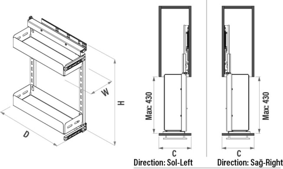 Unique Box Yandan Gizli Raylı Ünite (90 Derece) 205 mm Sol