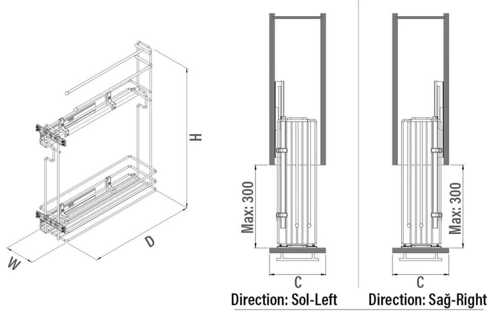 Gizli Raylı Havlu Askılı Deterjanlık (Tek Açılım) Ahşap 151 mm Sol