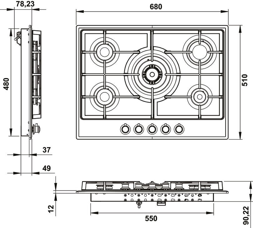 Ankastre Ocak, HÄFELE VINTAGE, 70 cm, Metal, 5 Gözlü, Gazlı, Döküm Izgaralı