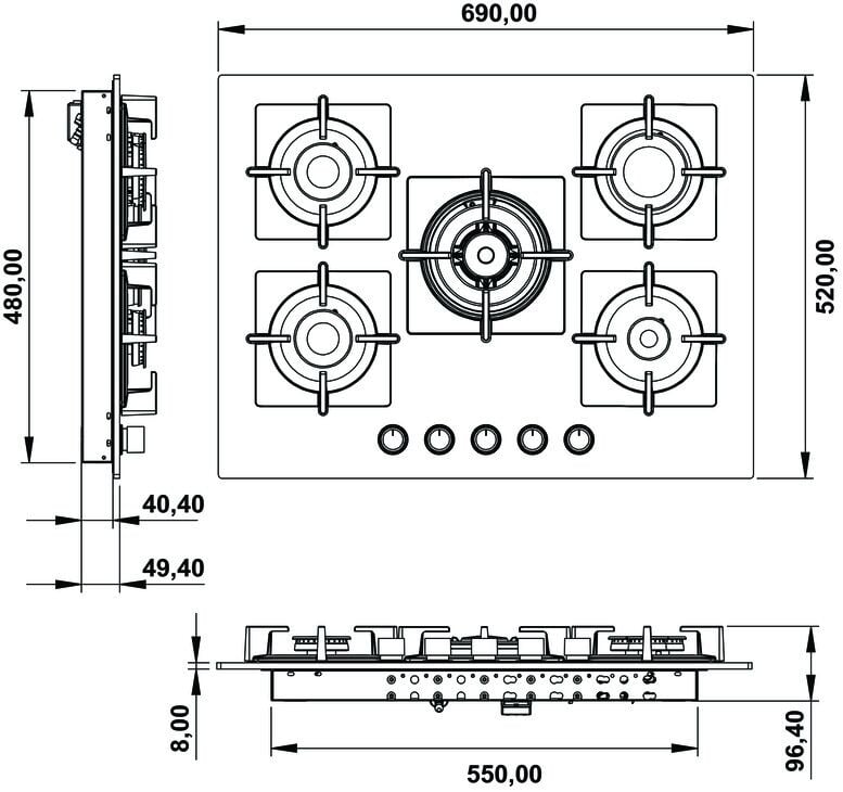 Ankastre Ocak, HÄFELE CAPELLA, 70 cm, Cam, 5 Gözlü, Gazlı, Döküm Izgaralı