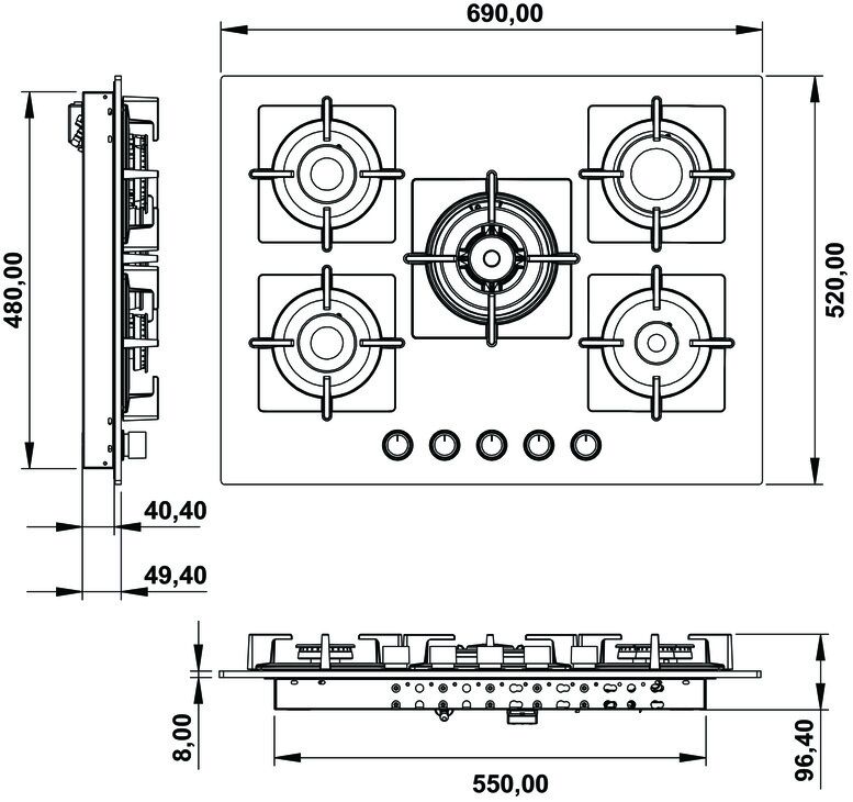 Ankastre Ocak, HÄFELE CAPELLA, 70 cm, Cam, 5 Gözlü, Gazlı, Döküm Izgaralı