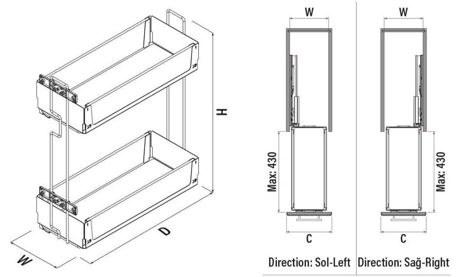 Unique Wood Gizli Raylı Deterjanlık (Çift Açılım) 203 mm Sağ