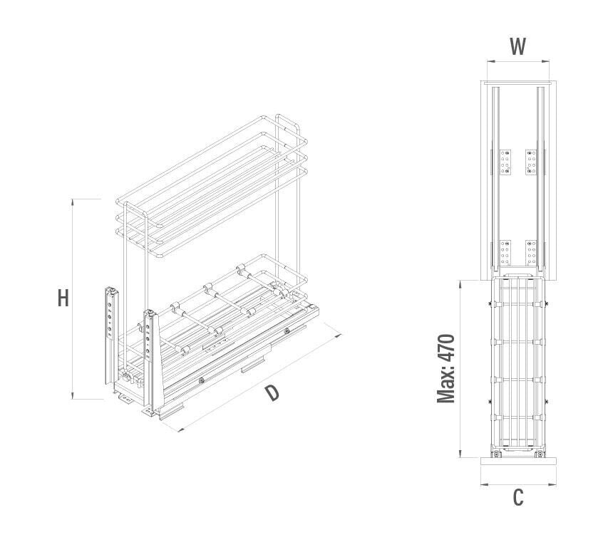 Zemin Bağlantılı Gizli Raylı Tezgah Altı Deterjanlık 250 mm