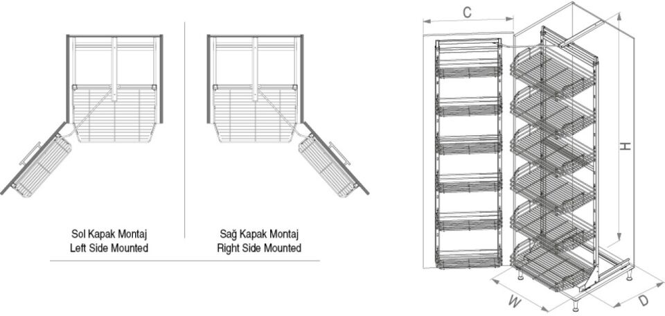 İkiz Kiler Tel 1250-1400 mm | 450 mm Kapak Uyumlu Crom