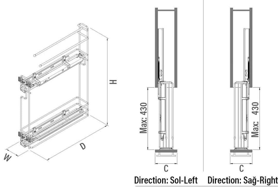 Gizli Raylı Havlu Askılı Şişelik (Çift Açılım) Ahşap 106 mm Sol