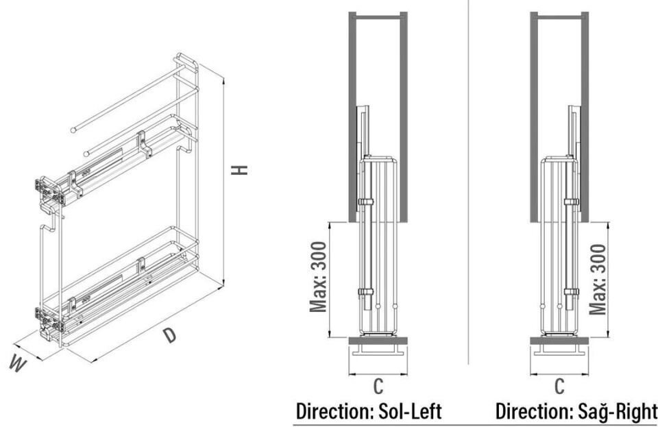 Gizli Raylı Havlu Askılı Şişelik (Tek Açılım) Ahşap 106 mm Sağ