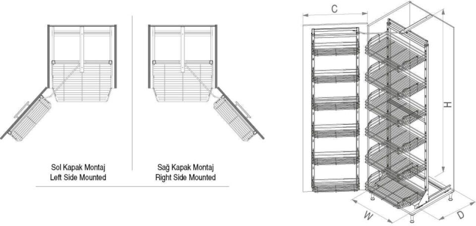 İkiz Kiler Tel 1850-2000 mm | 450 mm Kapak Uyumlu Crom