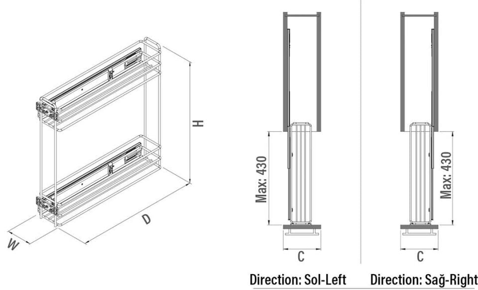 Yandan Teleskopik Raylı Şişelik Ahşap 108 mm