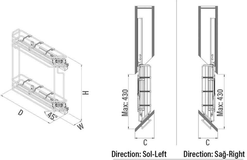45 Derece Gizli Raylı Şişelik (Çift Açılım) Tel Sol