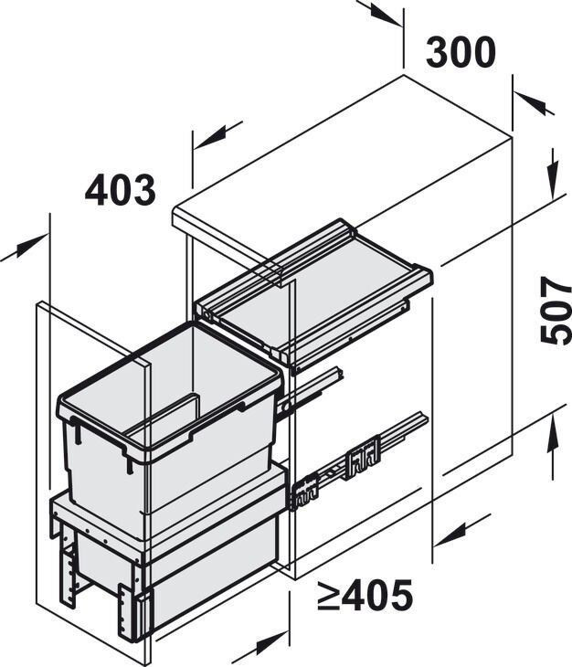 Hailo Cargo Synchro, Tek çöp kutusu | 300 mm Dolap Genişliği İçin (Ön cephelerin arkasına montaj)