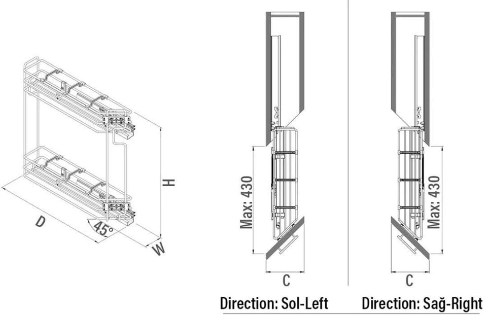 45 Derece Gizli Raylı Şişelik (Çift Açılım) Ahşap Sağ