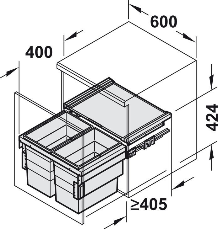Hailo Cargo Synchro, Tek çöp kutusu | 600 mm Dolap Genişliği İçin (Ön cephelerin arkasına montaj)