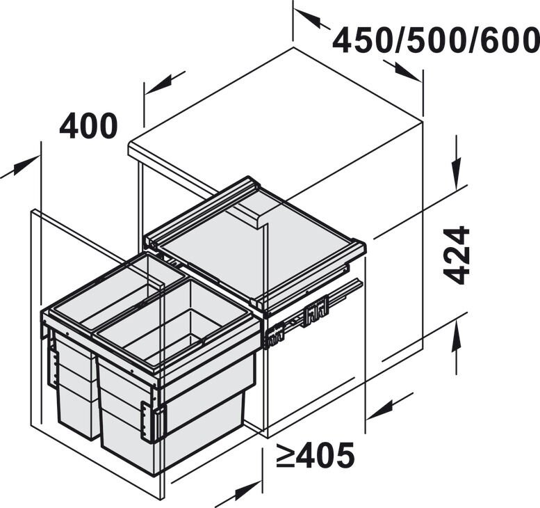 Hailo Cargo Synchro, Tek çöp kutusu | 600 mm Dolap Genişliği İçin (Ön cephelerin arkasına montaj)