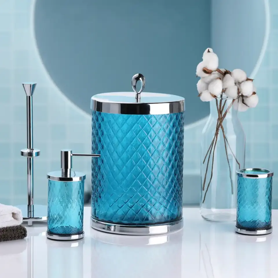 Vista D’oro Vario Mavi Karo Camlı Banyo Çöp Kovası Krom