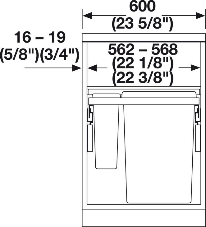 Hailo Euro-Cargo Dört Bölmeli Çöp Kutusu, 2 x 38, 1 x 12 ve 1 x 2,5 litre | Dolap genişliği: 600 mm, Açık gri (Ön cephelerin arkasına montaj)
