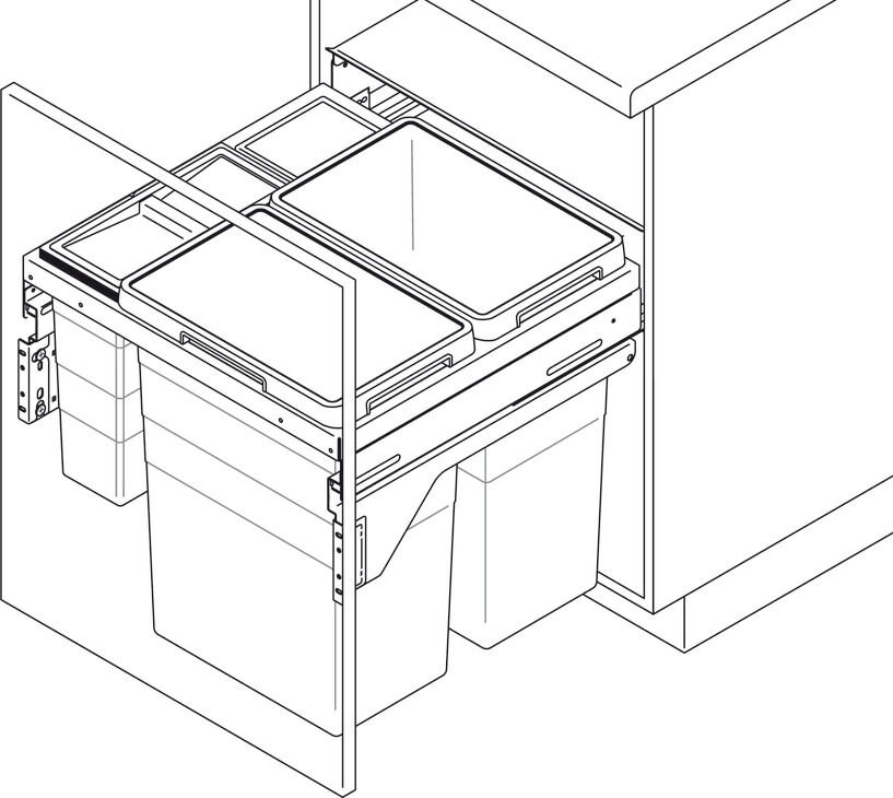 Hailo Euro-Cargo Dört Bölmeli Çöp Kutusu, 2 x 38, 1 x 12 ve 1 x 2,5 litre | Dolap genişliği: 600 mm, Açık gri (Ön cephelerin arkasına montaj)