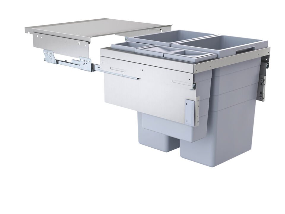 Hailo Euro-Cargo Dört Bölmeli Çöp Kutusu, 2 x 38, 1 x 12 ve 1 x 2,5 litre | Dolap genişliği: 600 mm, Açık gri (Ön cephelerin arkasına montaj)