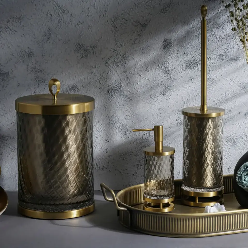 Vista D’oro Vario Füme Karo Camlı Banyo Çöp Kovası Saten Sarı