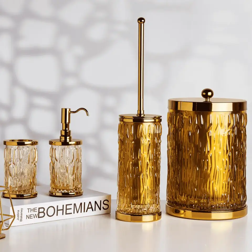 Vista D’oro Wave Amber Camlı Banyo Çöp Kovası Altın Rengi