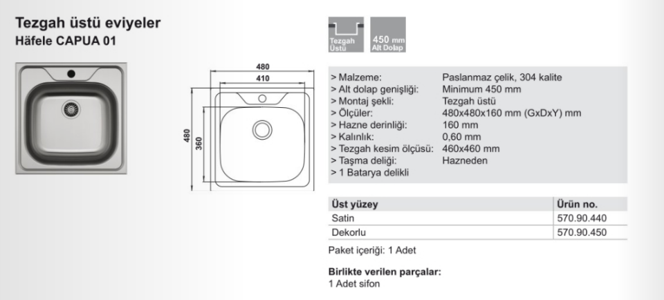 HÄFELE CAPUA 01, Paslanmaz Çelik 1 Gözlü, Damlalıksız, Eviye, 480x480mm, Dekorlu