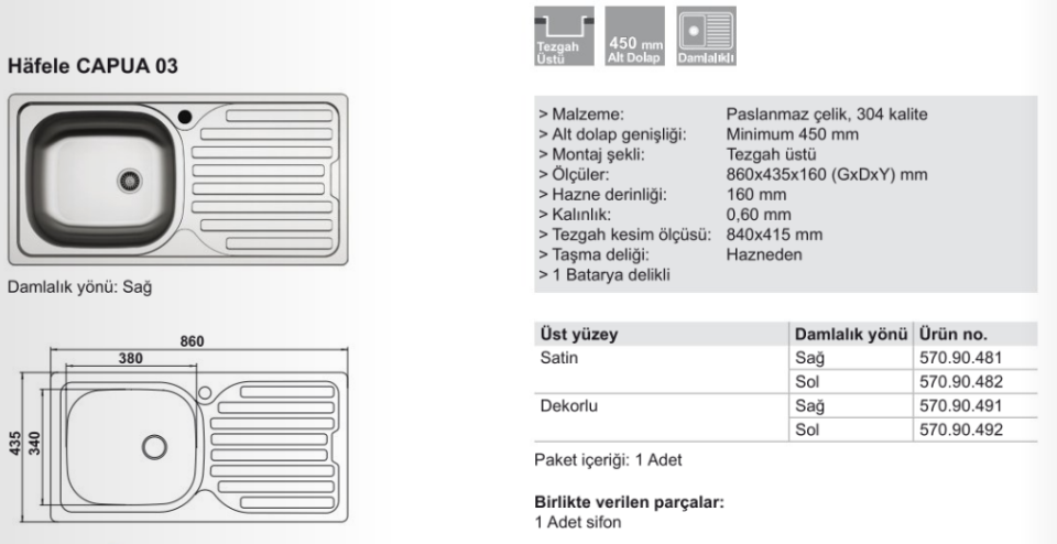 HÄFELE CAPUA 03, Paslanmaz Çelik 1 Gözlü, Sol Damlalıklı Eviye,  860x435 mm, Satin