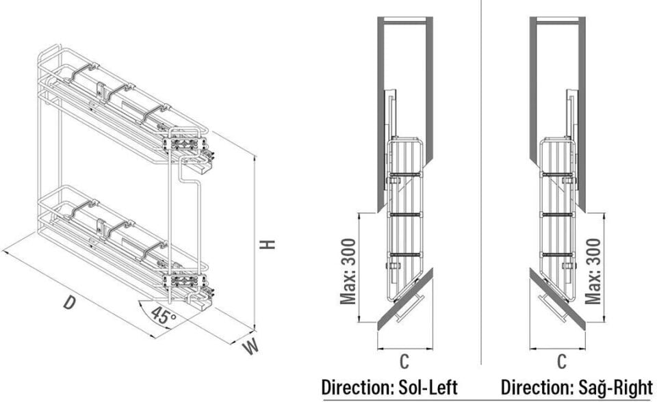 45 Derece Gizli Raylı Şişelik (Tek Açılım) Ahşap Sağ