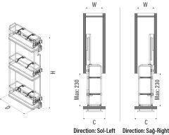 Çift Açılım Gizli Raylı 3 Sepetli Ahşap Tabanlı Mini Şişelik