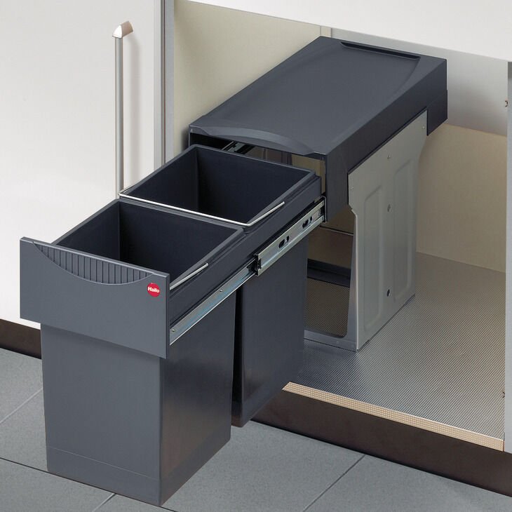 Hailo Tandem 3666-10 Model 2 x 15 Litre İki Bölmeli Çöp Kutusu Plastik Grafit Gri | Min 300 mm Dolap Genişliği