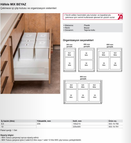 HÄFELE MIX Çekmece İçi Çöp Kutusu 6,5 Lt Beyaz