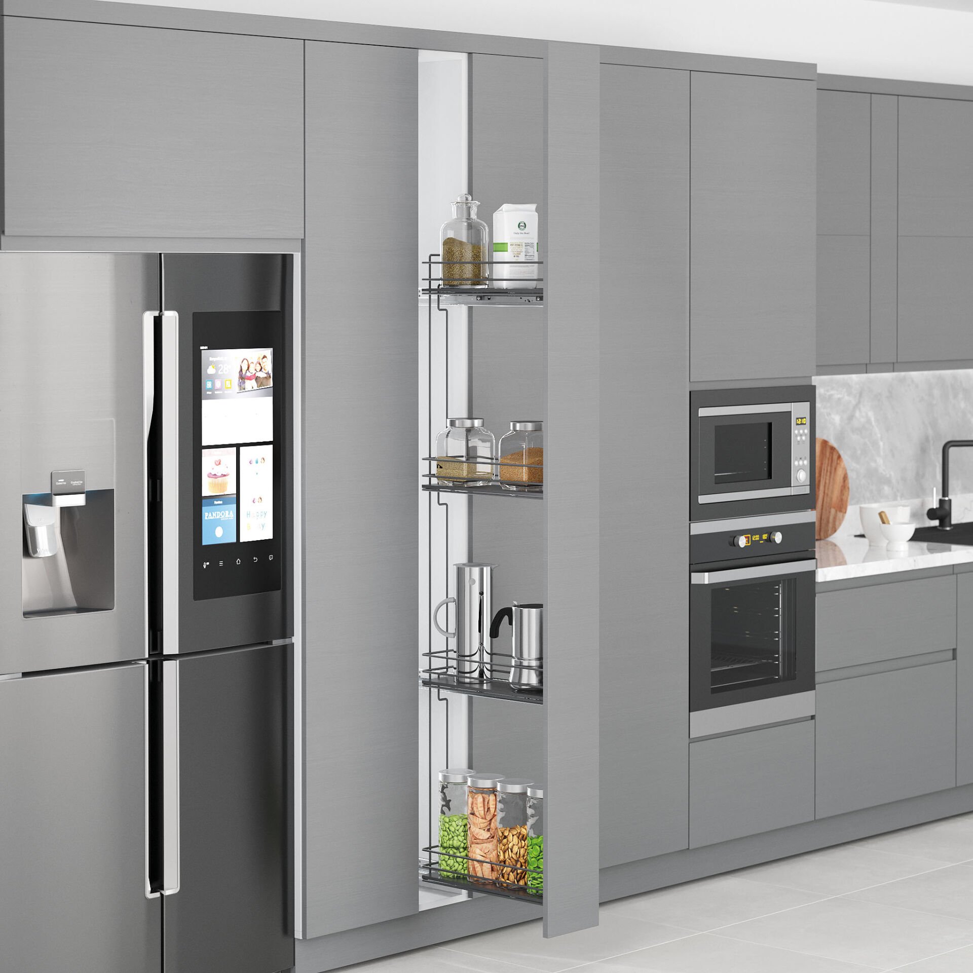 Çift Açılım Gizli Raylı 4 Sepetli Ahşap Tabanlı Şişelik 150 mm Sağ