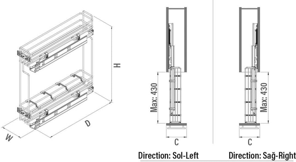 Gizli Raylı Şişelik (Çift Açılım) Tel 150 mm Sol