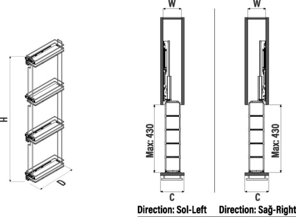 Çift Açılım Gizli Raylı 4 Sepetli Ahşap Tabanlı Şişelik 150 mm Sol