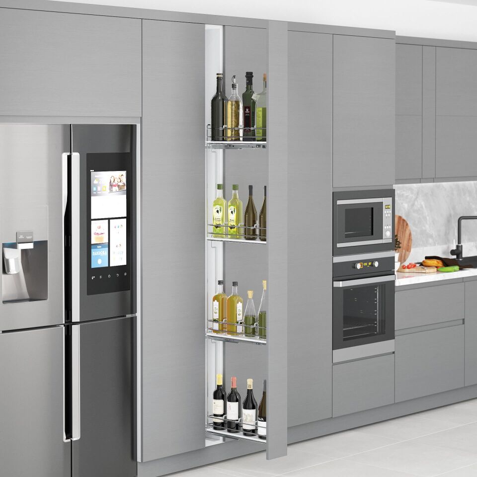 Çift Açılım Gizli Raylı 4 Sepetli Ahşap Tabanlı Şişelik 150 mm Sol