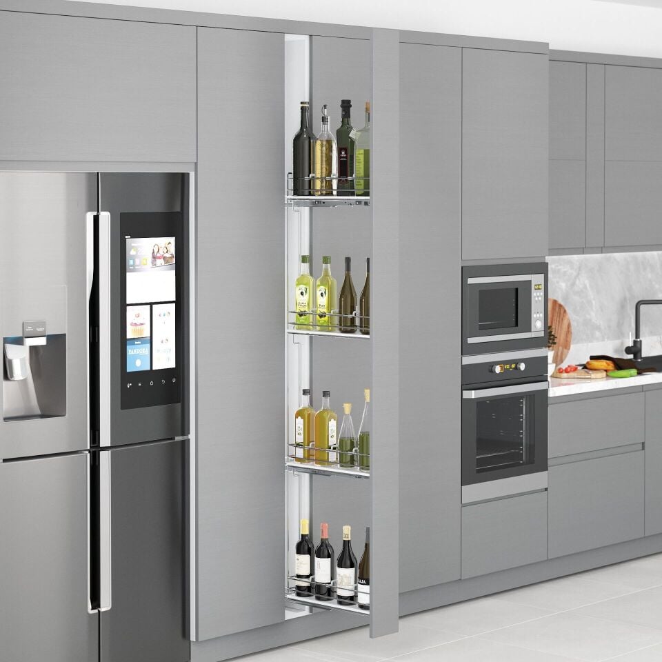 Çift Açılım Gizli Raylı 4 Sepetli Ahşap Tabanlı Şişelik 200 mm Sol