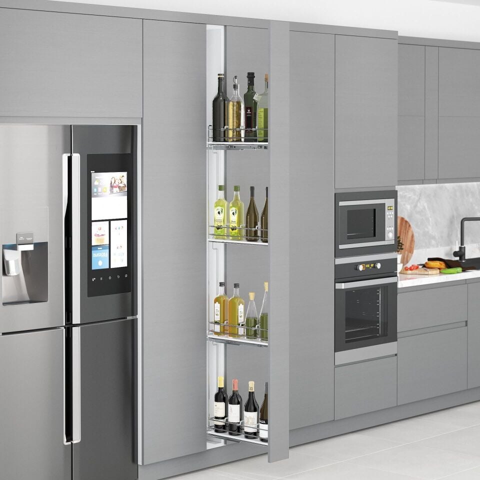 Çift Açılım Gizli Raylı 4 Sepetli Ahşap Tabanlı Şişelik 200 mm Sağ