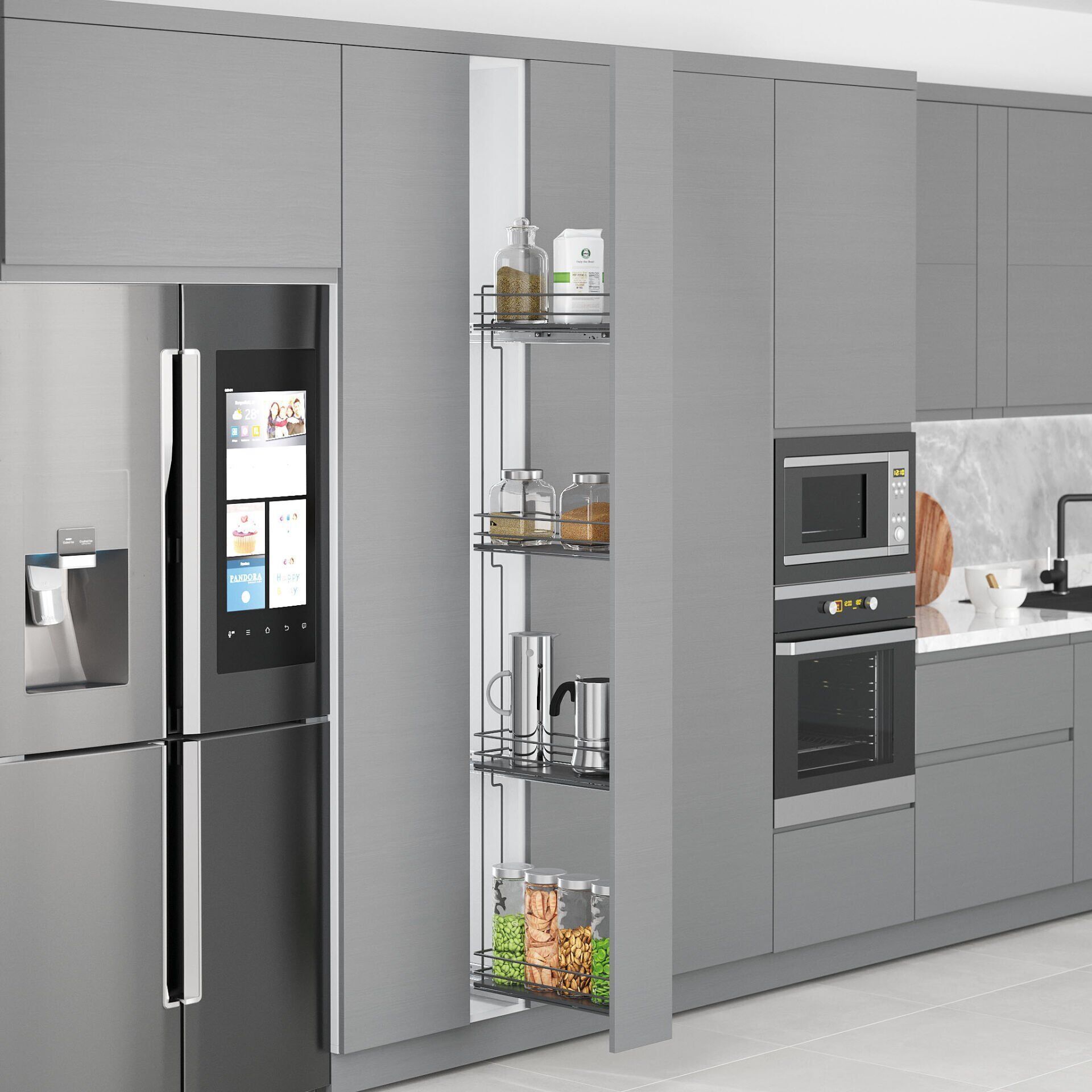 Çift Açılım Gizli Raylı 4 Sepetli Ahşap Tabanlı Şişelik 200 mm Sağ